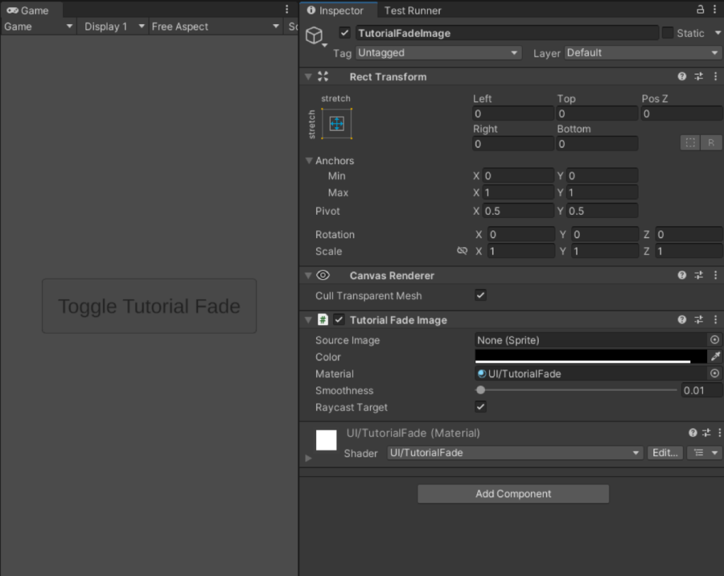 UI Tutorial Fadeに必要なコンポーネントを1つ追加した状態